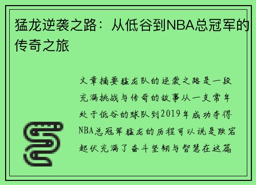 猛龙逆袭之路:从低谷到NBA总冠军的传奇之旅 猛龙逆袭之路:从低谷到NBA总冠军的传奇之旅